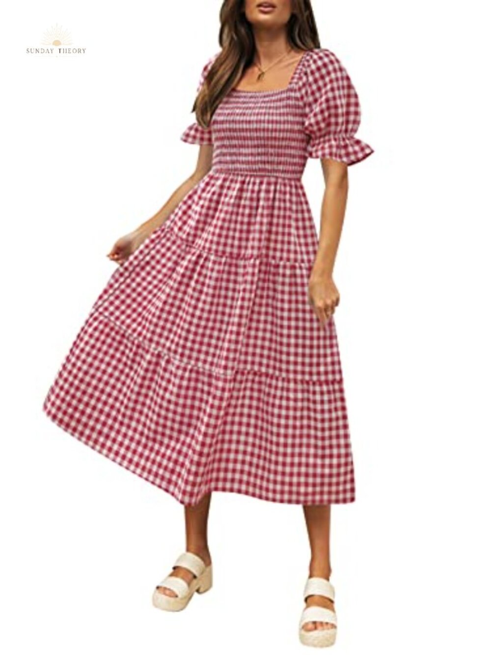 Boho Gingham Puff Sleeve Square Neck Beach Midi Dress
